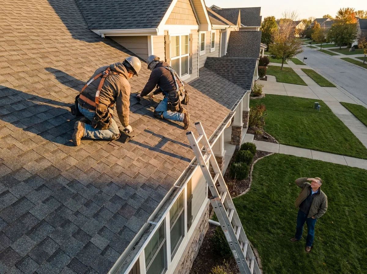 Roofing crew finishing an asphalt shingle roof replacement while the homeowner looks on