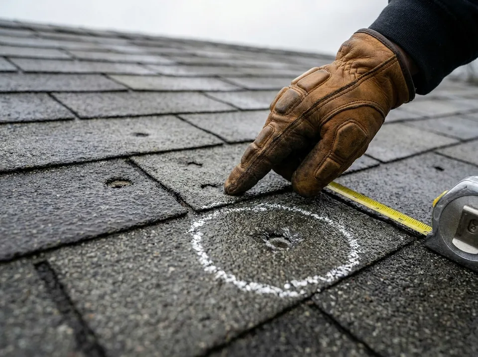 Roofer inspecting hail damage on shingles after a storm